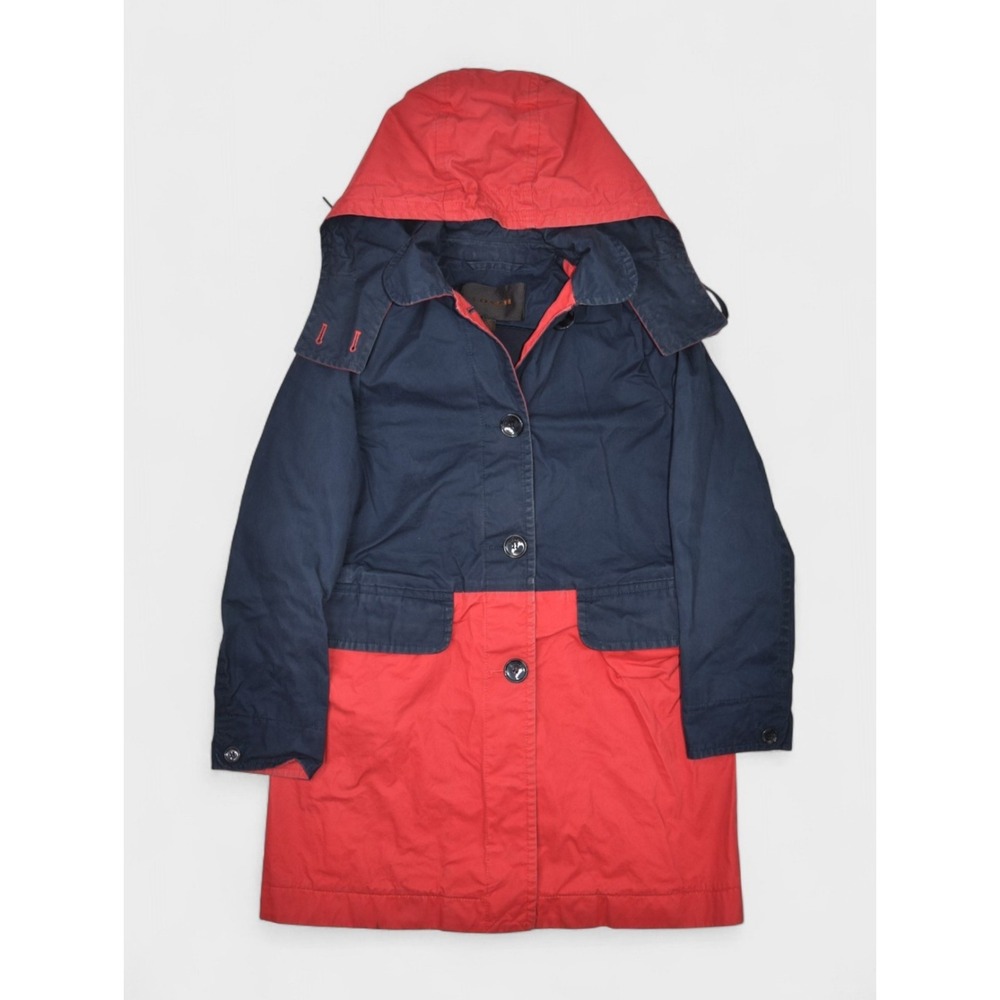 Coach Jacket Womens XS Navy Red Cotton Trench Mac Rain Color Block Hooded
